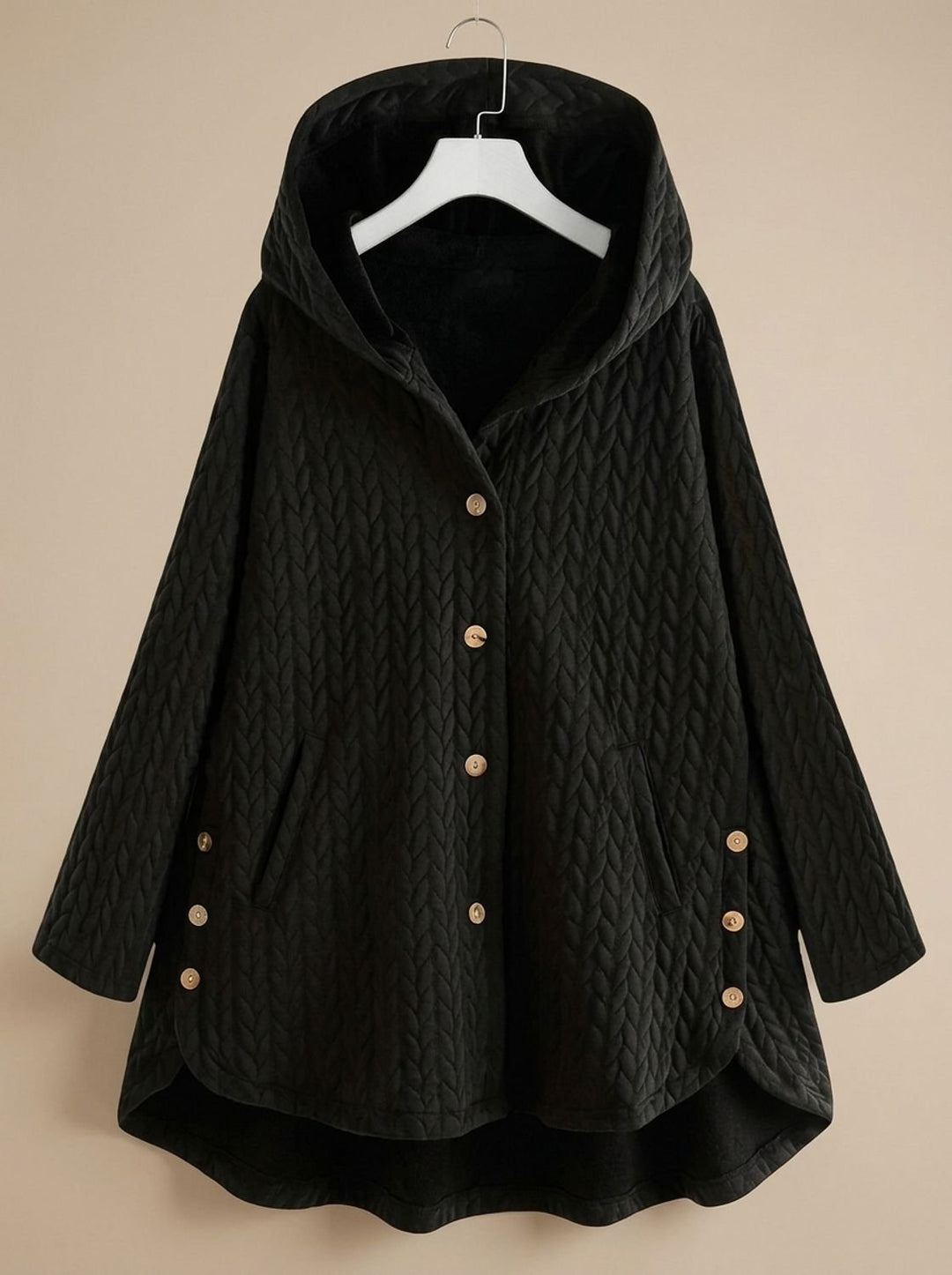 Women's Quilted Hooded Button-Front Asymmetric Coat - Black