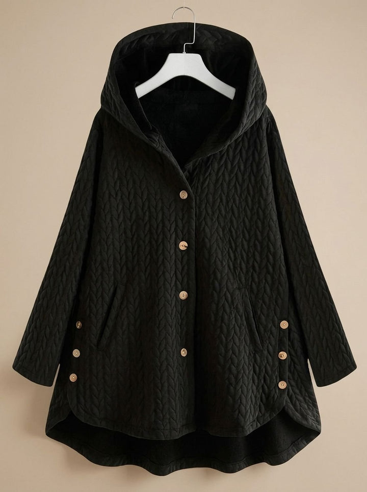 Women's Quilted Hooded Button-Front Asymmetric Coat - Black