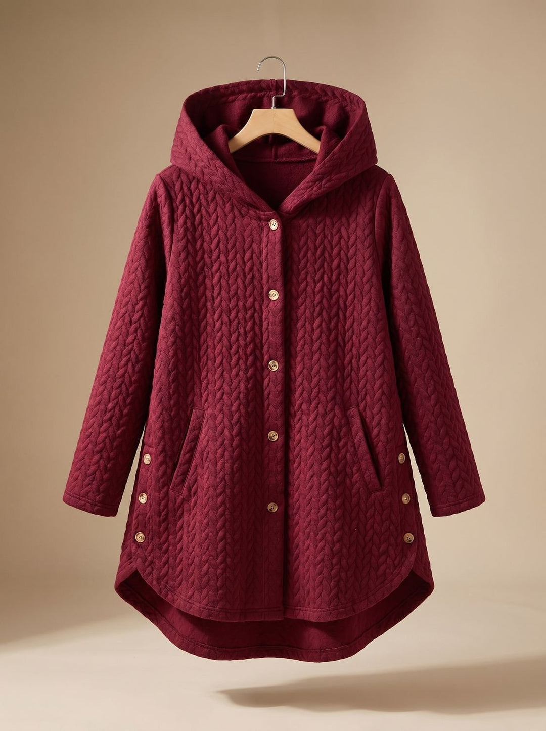 Women's Quilted Hooded Button-Front Asymmetric Coat - Red