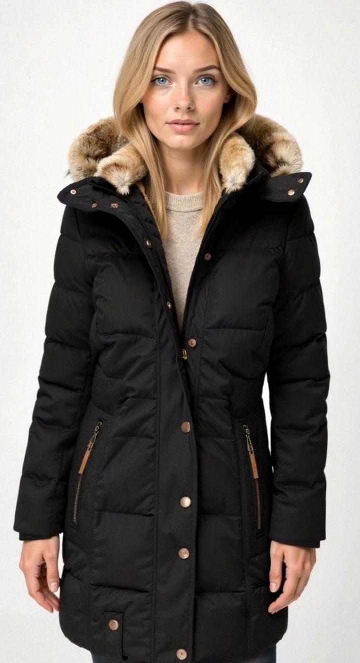 Women's Quilted Hooded Puffer Coat Faux Fur Trim Longline - Black