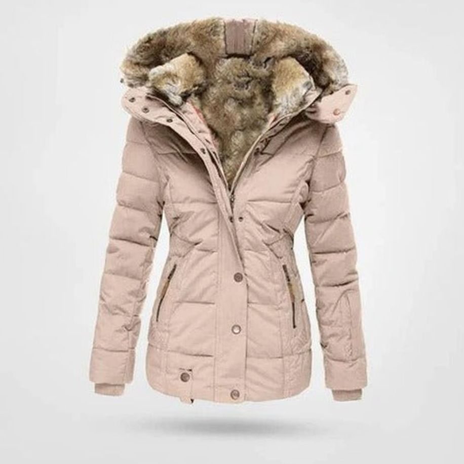 Women's Quilted Hooded Puffer Coat Faux Fur Trim Longline