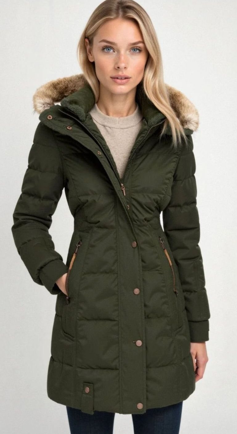 Women's Quilted Hooded Puffer Coat Faux Fur Trim Longline - Green