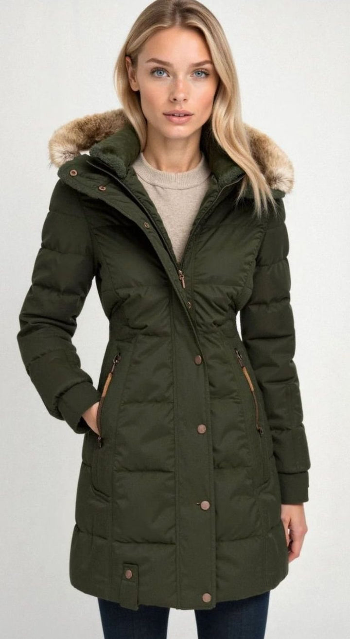 Women's Quilted Hooded Puffer Coat Faux Fur Trim Longline - Green