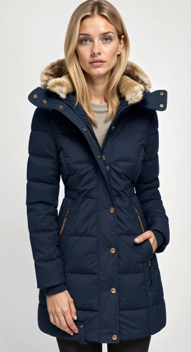 Women's Quilted Hooded Puffer Coat Faux Fur Trim Longline - Blue