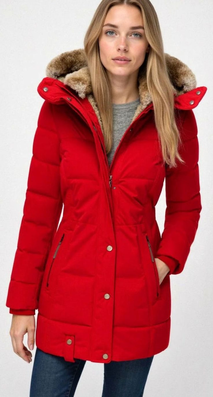 Women's Quilted Hooded Puffer Coat Faux Fur Trim Longline - Red