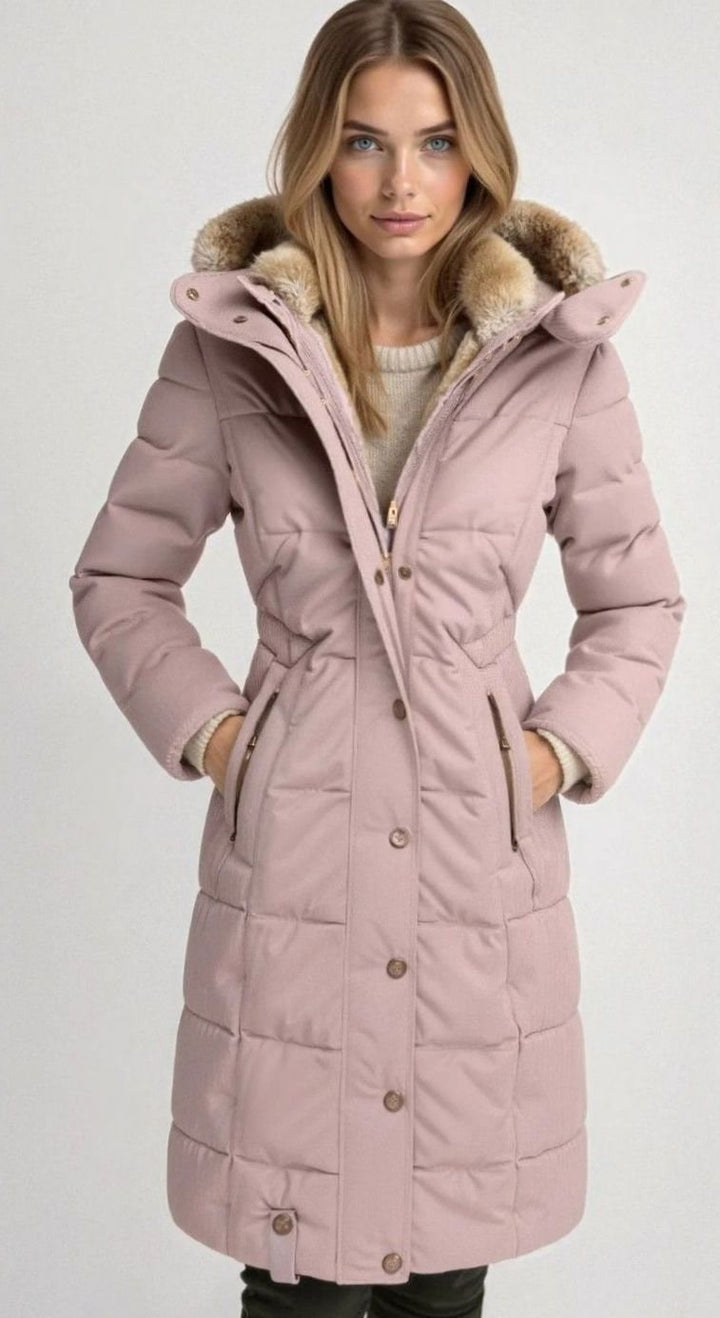 Women's Quilted Hooded Puffer Coat Faux Fur Trim Longline - Pink