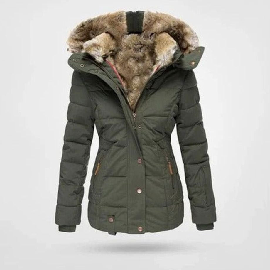Women's Quilted Hooded Puffer Coat Faux Fur Trim Longline