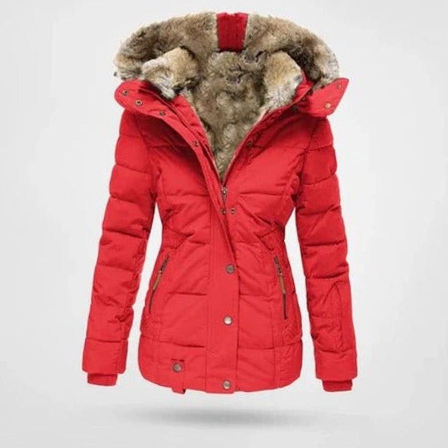 Women's Quilted Hooded Puffer Coat Faux Fur Trim Longline