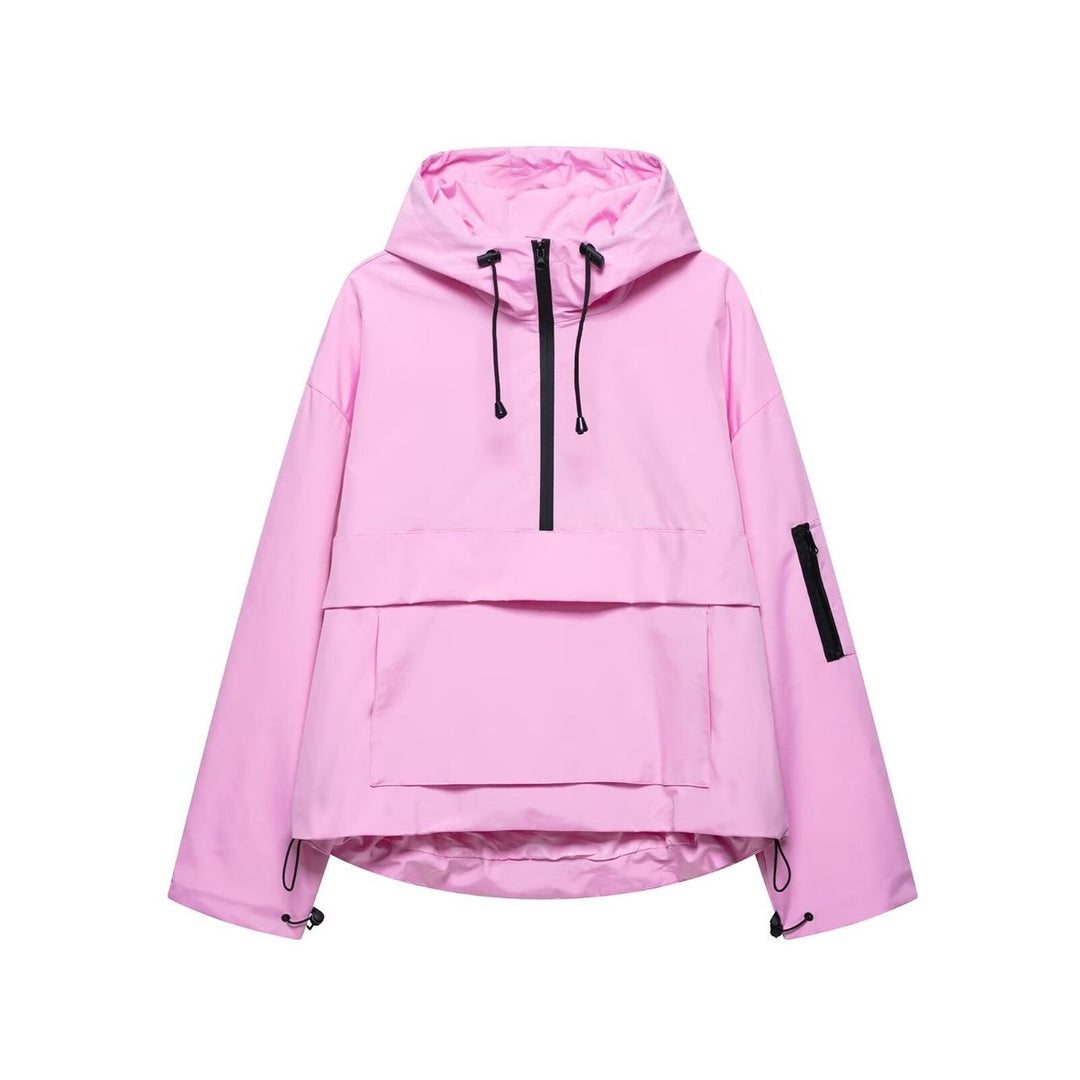 Women's Quilted Jacket Hooded Half-Zip Pullover Anorak - Pink