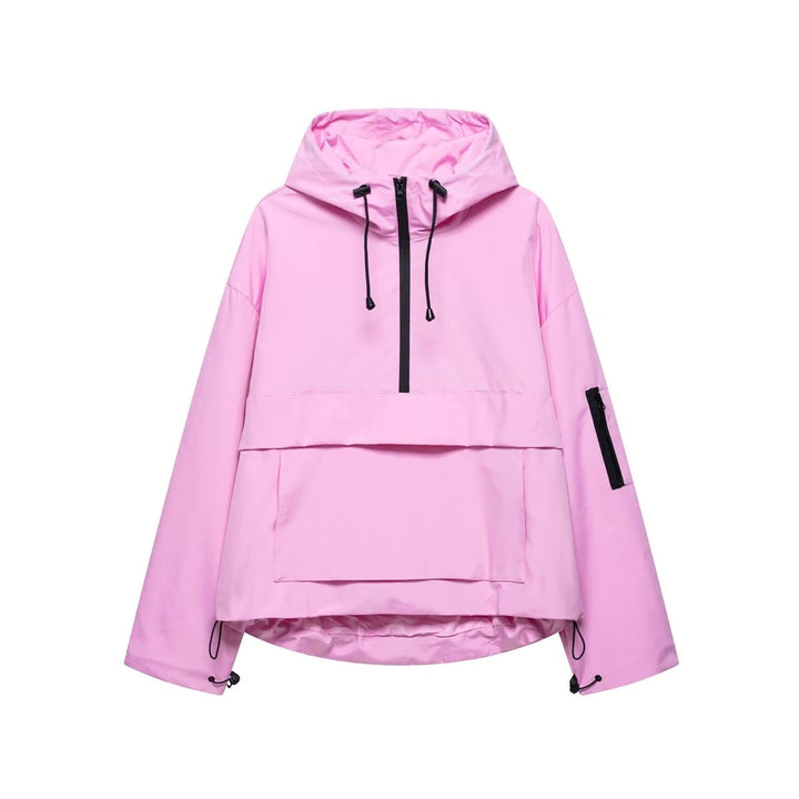 Women's Quilted Jacket Hooded Half-Zip Pullover Anorak - Pink