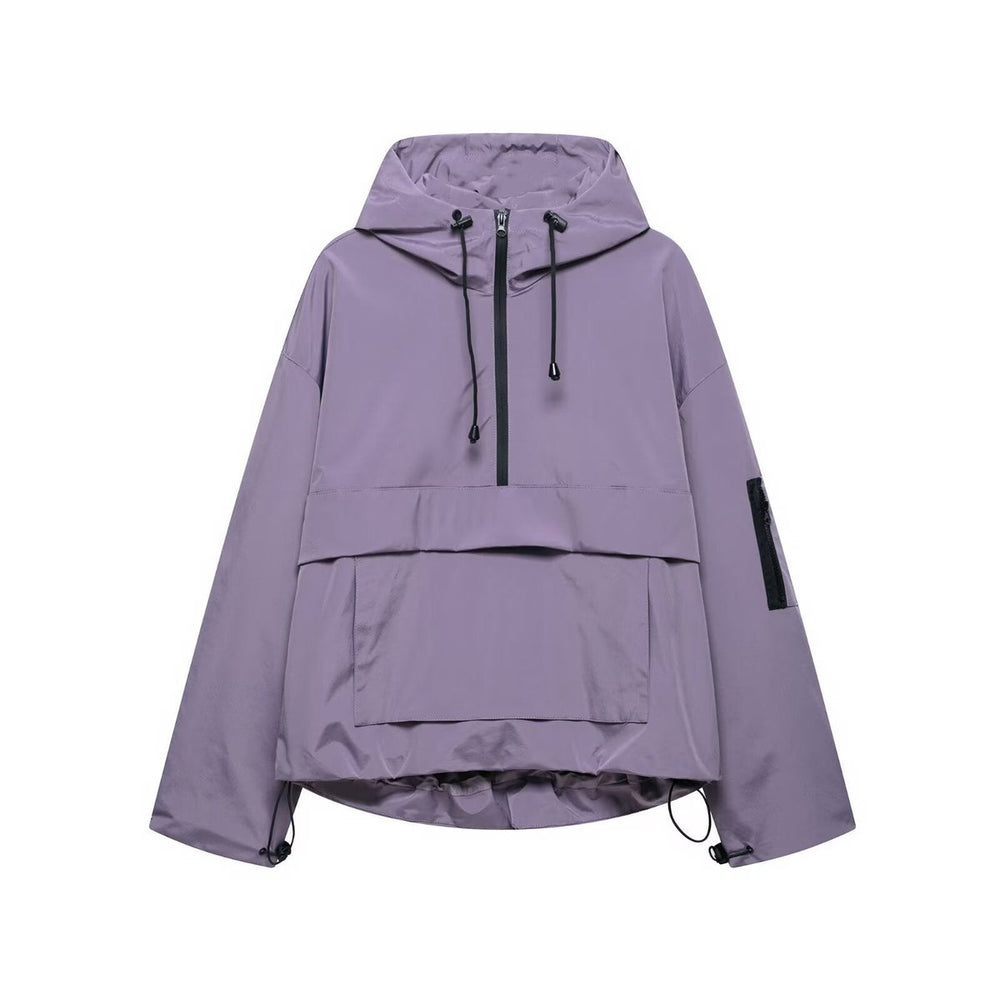 Women's Quilted Jacket Hooded Half-Zip Pullover Anorak - Purple