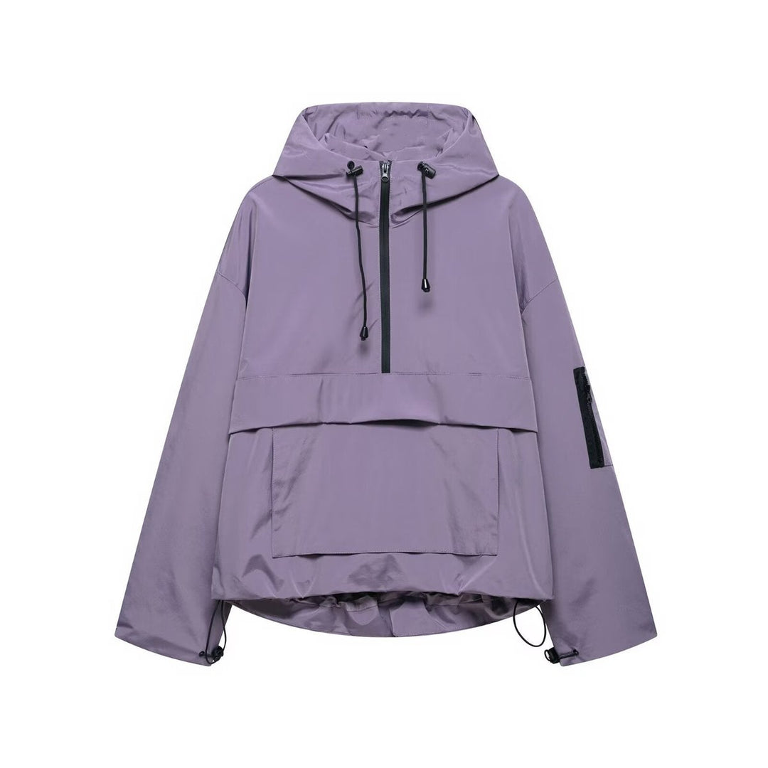 Women's Quilted Jacket Hooded Half-Zip Pullover Anorak - Purple