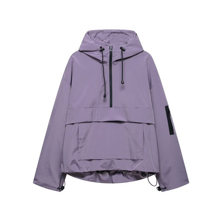 Women's Quilted Jacket Hooded Half-Zip Pullover Anorak - Purple