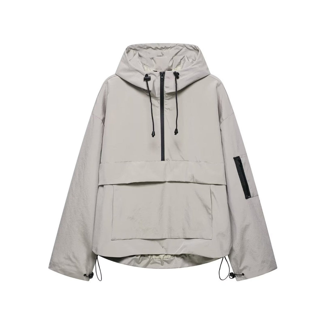 Women's Quilted Jacket Hooded Half-Zip Pullover Anorak - Gray