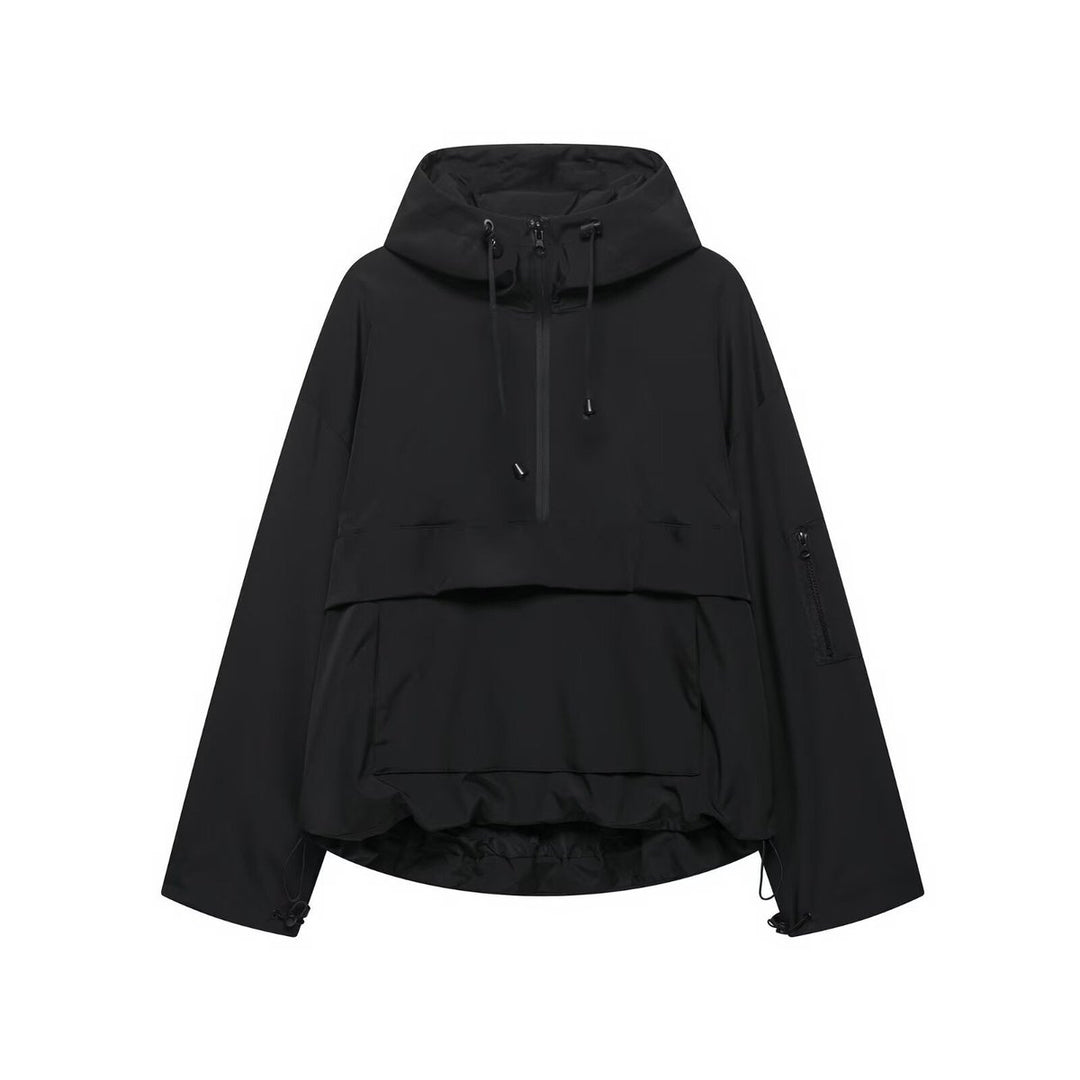 Women's Quilted Jacket Hooded Half-Zip Pullover Anorak - Black