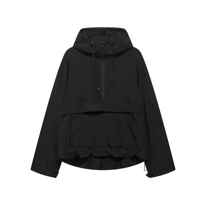 Women's Quilted Jacket Hooded Half-Zip Pullover Anorak - Black