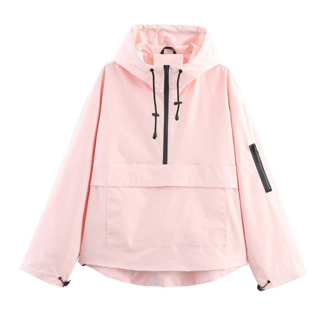 Women's Quilted Jacket Hooded Half-Zip Pullover Anorak - Light Pink