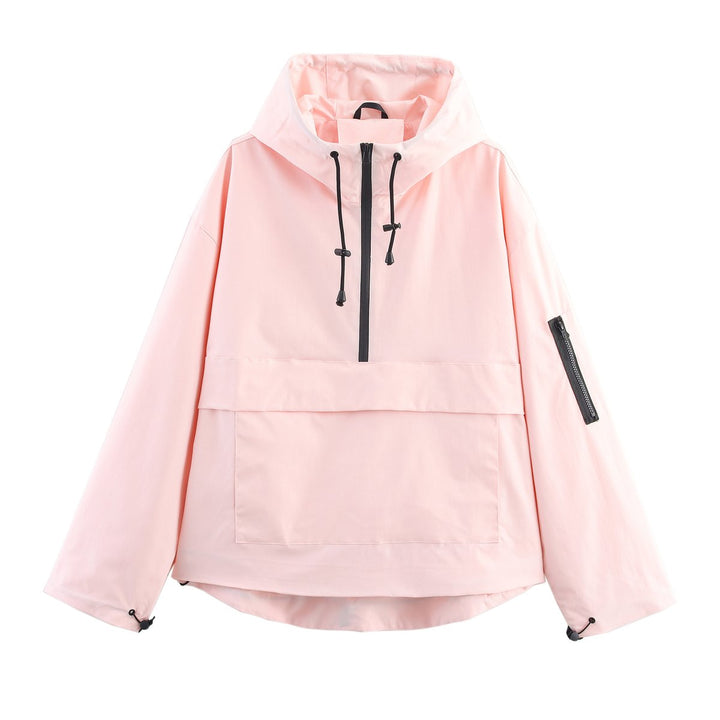 Women's Quilted Jacket Hooded Half-Zip Pullover Anorak - Light Pink