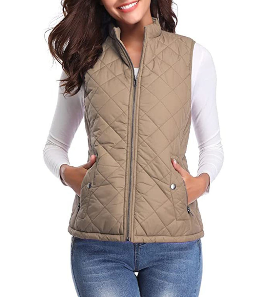 Women's Quilted Lightweight Zip-Up Puffer Vest - Light Coffee