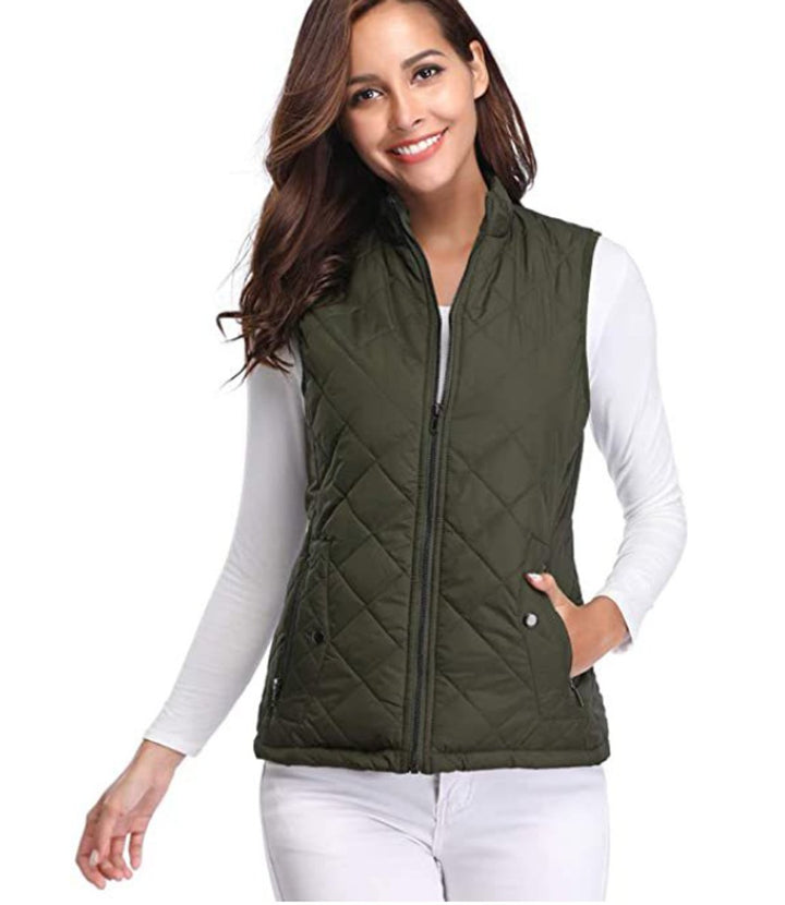 Women's Quilted Lightweight Zip-Up Puffer Vest - Olive Green