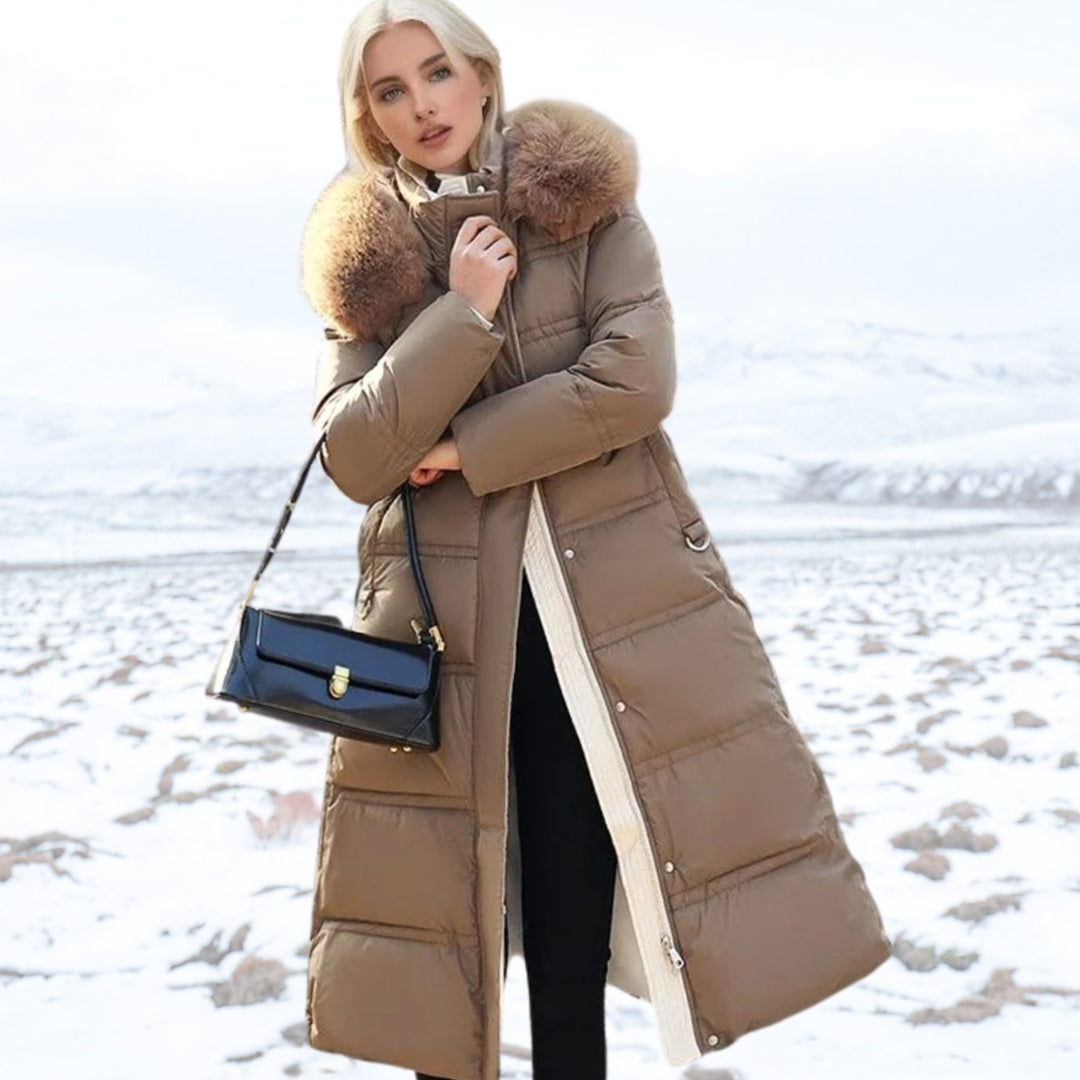 Women's Quilted Long Puffer Coat Faux Fur Hood - Coffee