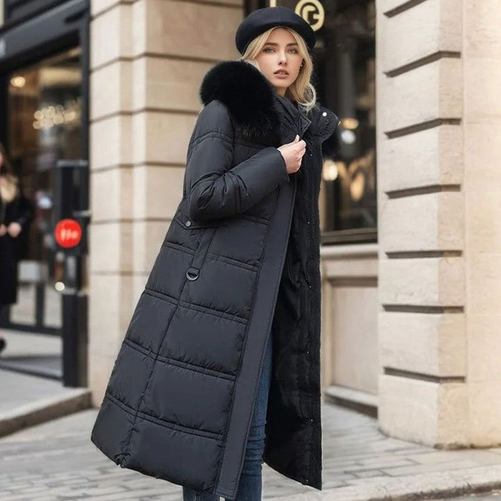 Women's Quilted Long Puffer Coat Faux Fur Hood - Black