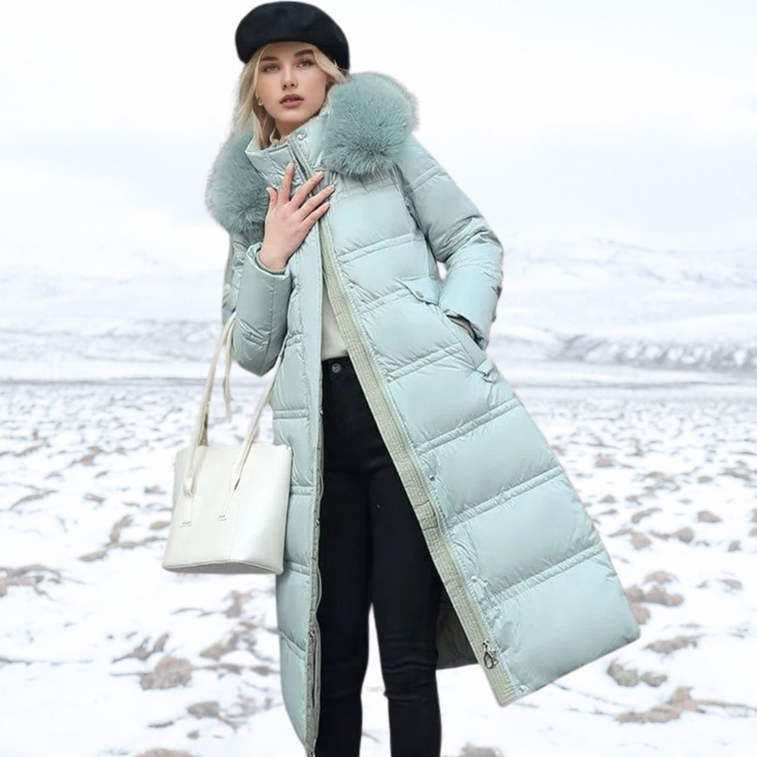 Women's Quilted Long Puffer Coat Faux Fur Hood - Blue