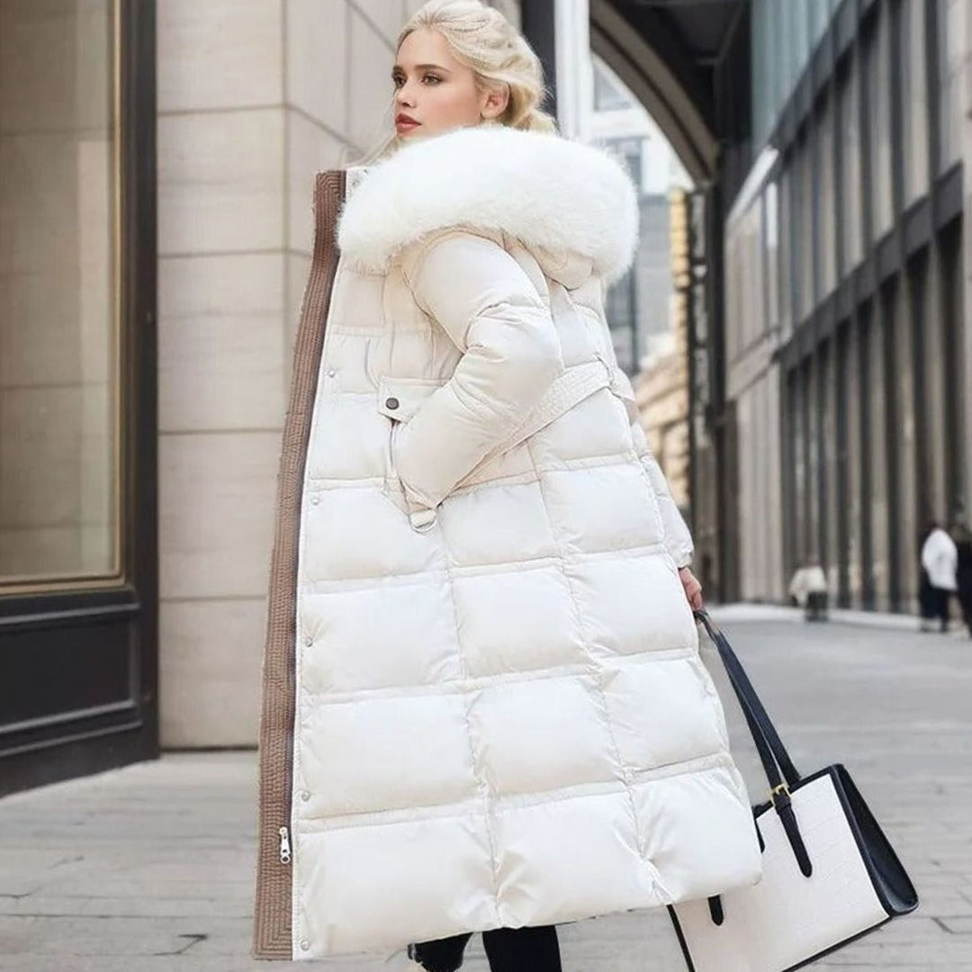 Women's Quilted Long Puffer Coat Faux Fur Hood - White