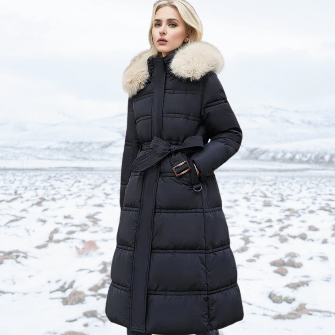 Women's Quilted Long Puffer Coat Faux Fur Hood - Black with Beige Collar