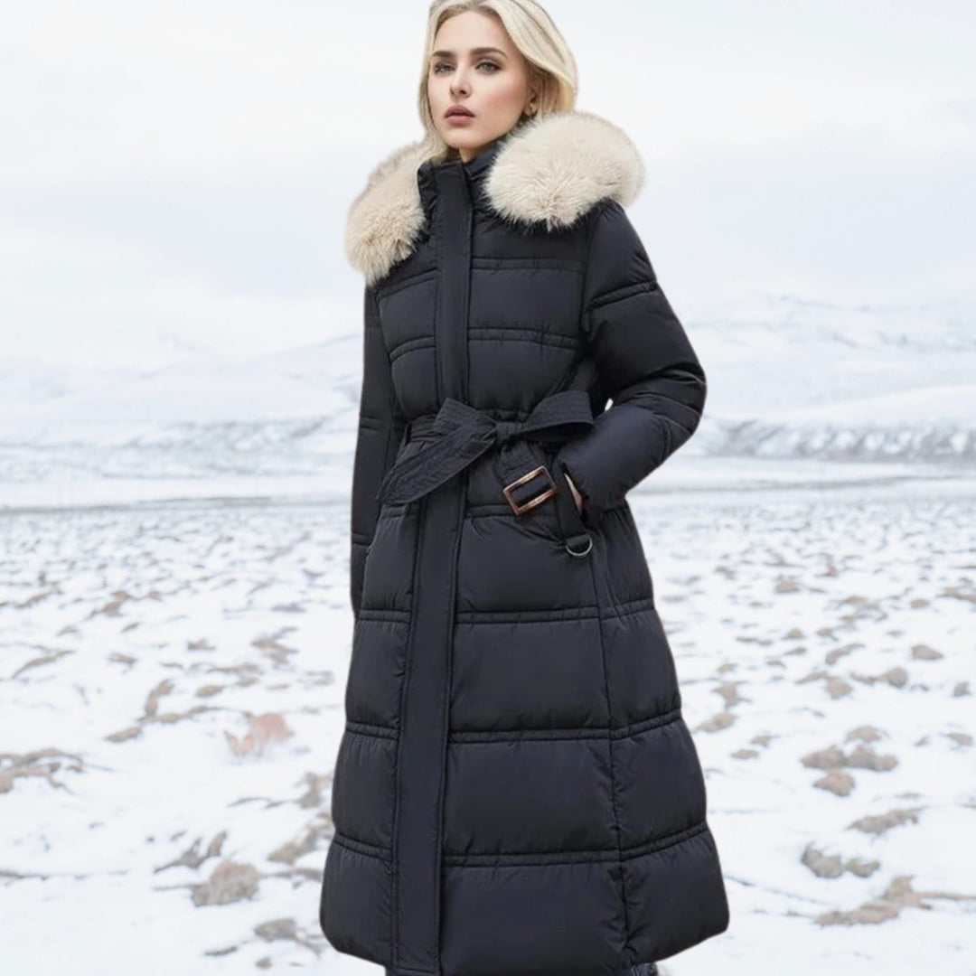 Women's Quilted Long Puffer Coat Faux Fur Hood