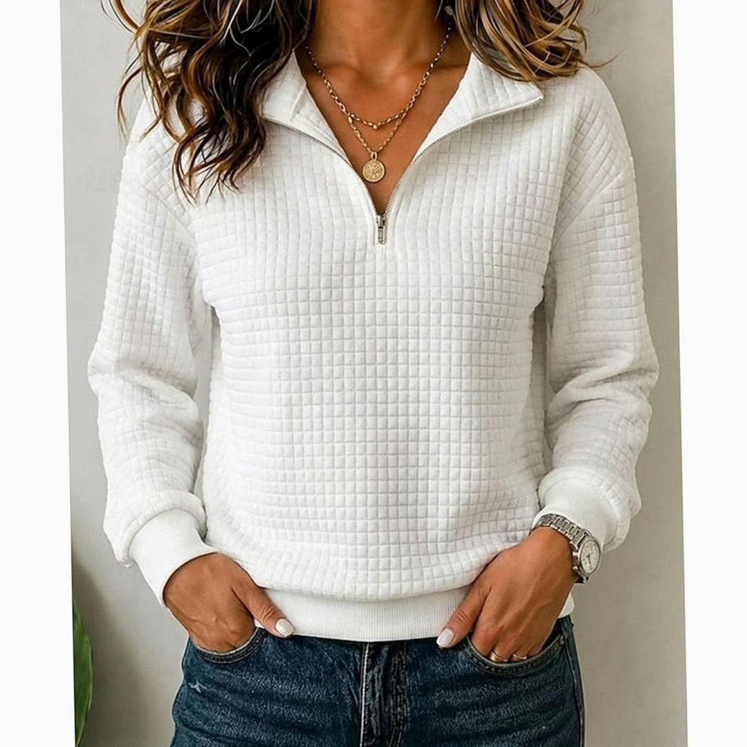 Women's Quilted Quarter-Zip Stand-Collar Pullover Sweater - White