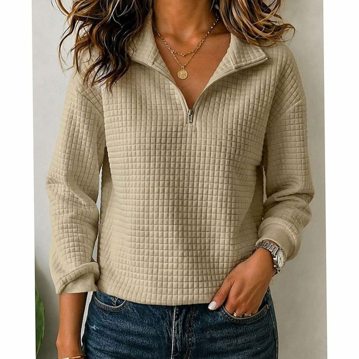 Women's Quilted Quarter-Zip Stand-Collar Pullover Sweater - Camel