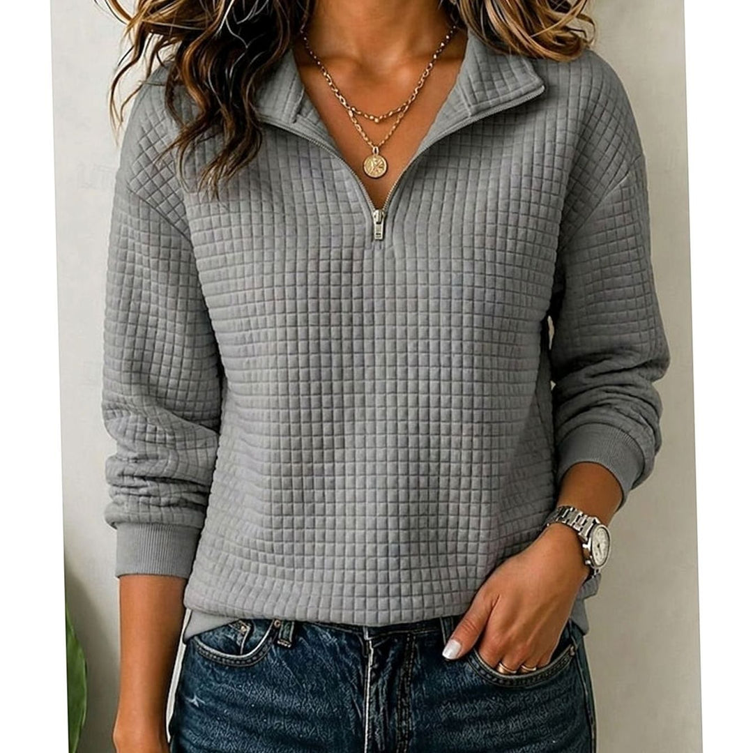 Women's Quilted Quarter-Zip Stand-Collar Pullover Sweater - Dark Gray