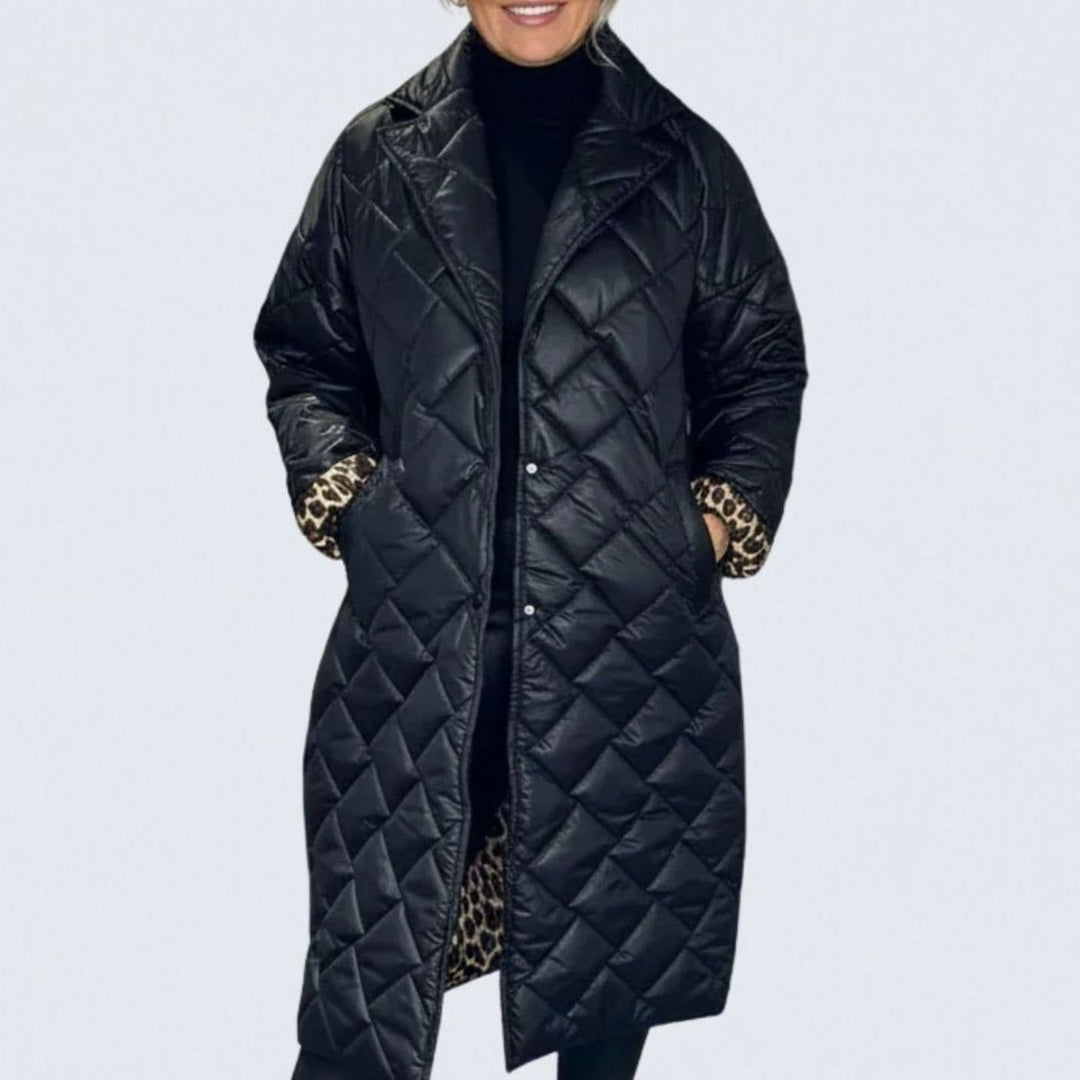 Women's Quilted Reversible Mid-Length Winter Coat Leopard Lining