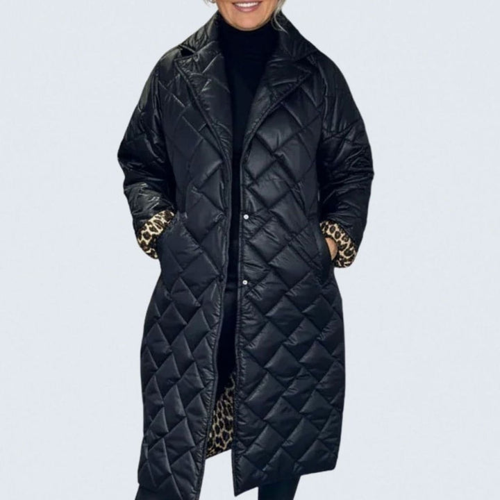 Women's Quilted Reversible Mid-Length Winter Coat Leopard Lining