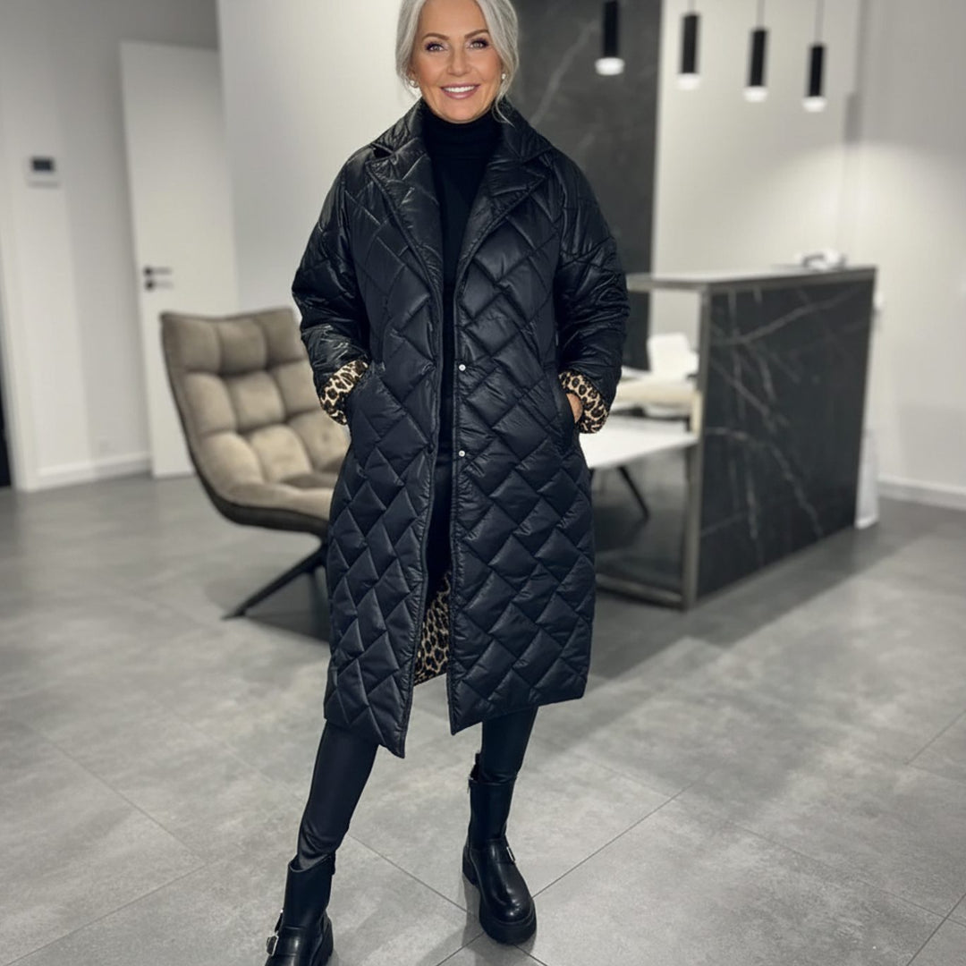 Women's Quilted Reversible Mid-Length Winter Coat Leopard Lining - Black