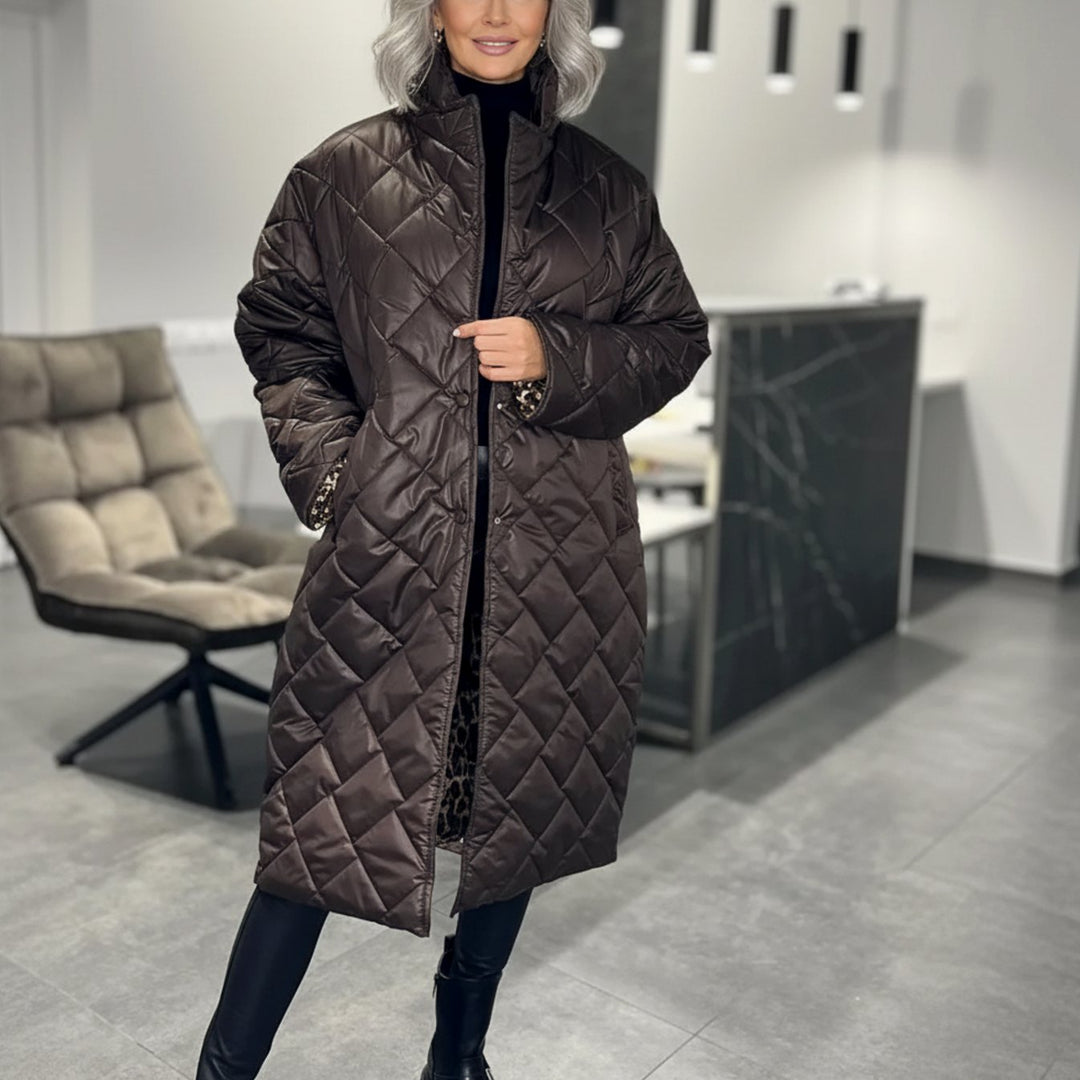 Women's Quilted Reversible Mid-Length Winter Coat Leopard Lining - Brown