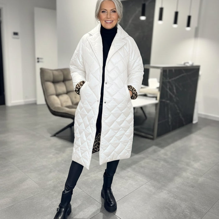 Women's Quilted Reversible Mid-Length Winter Coat Leopard Lining - White