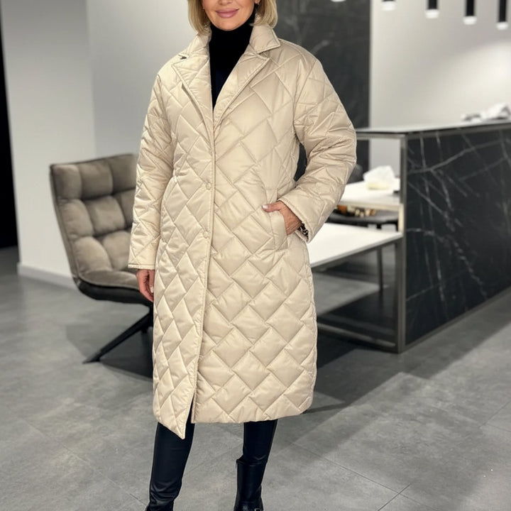 Women's Quilted Reversible Mid-Length Winter Coat Leopard Lining - Beige