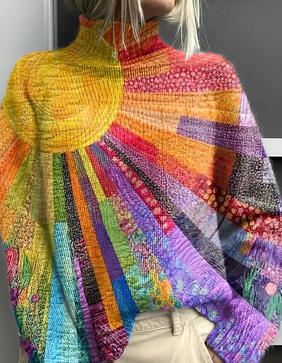 Women's Rainbow Turtleneck Knit Sweater Colorblock Pullover