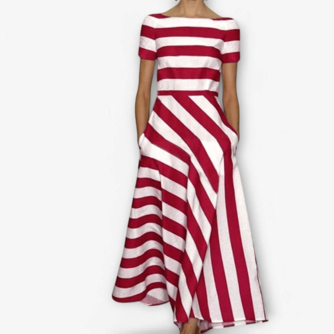 Women's Red White Striped Maxi Dress Short Sleeve A-Line - Red