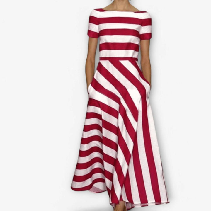 Women's Red White Striped Maxi Dress Short Sleeve A-Line - Red