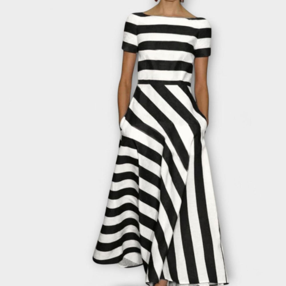 Women's Red White Striped Maxi Dress Short Sleeve A-Line - Black