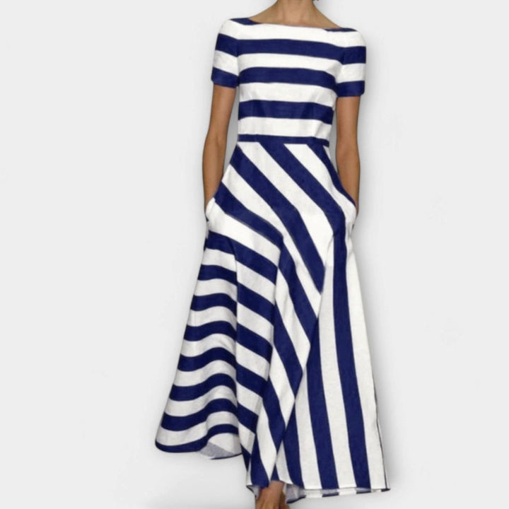 Women's Red White Striped Maxi Dress Short Sleeve A-Line - Dark Blue