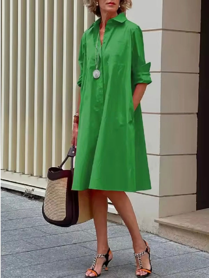 Women's Relaxed A-Line Button-Down Collared Shirt Dress - Green