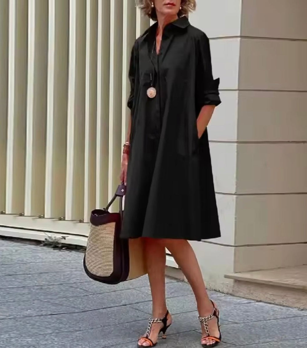 Women's Relaxed A-Line Button-Down Collared Shirt Dress - Black