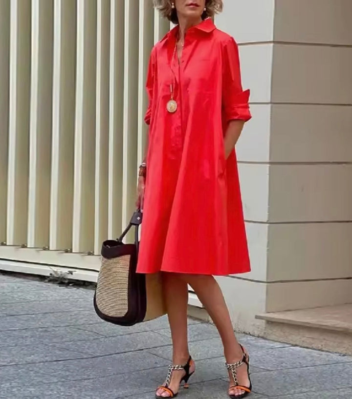 Women's Relaxed A-Line Button-Down Collared Shirt Dress - Red