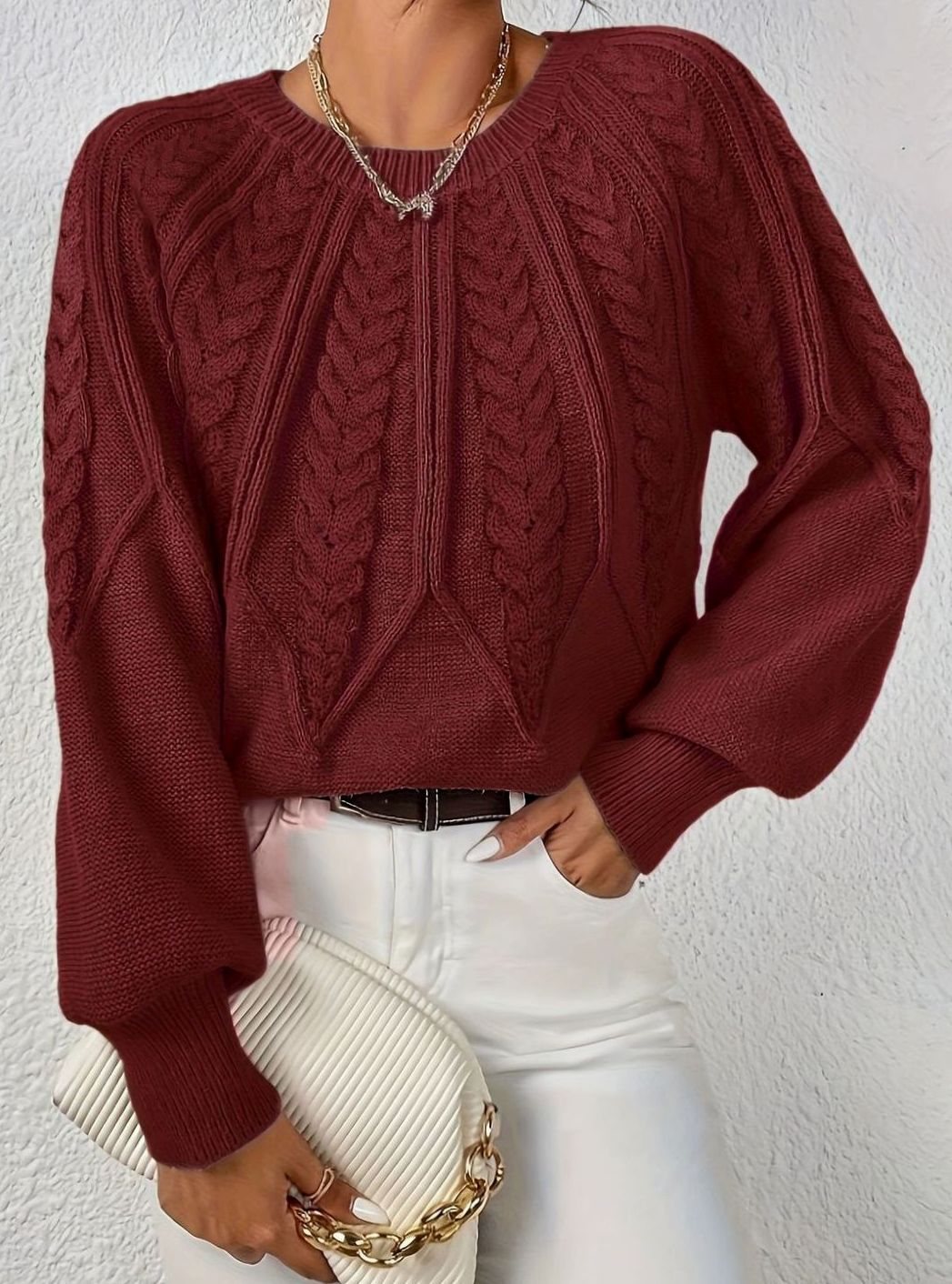 Women's Relaxed Cable-Knit Lantern Sleeve Sweater