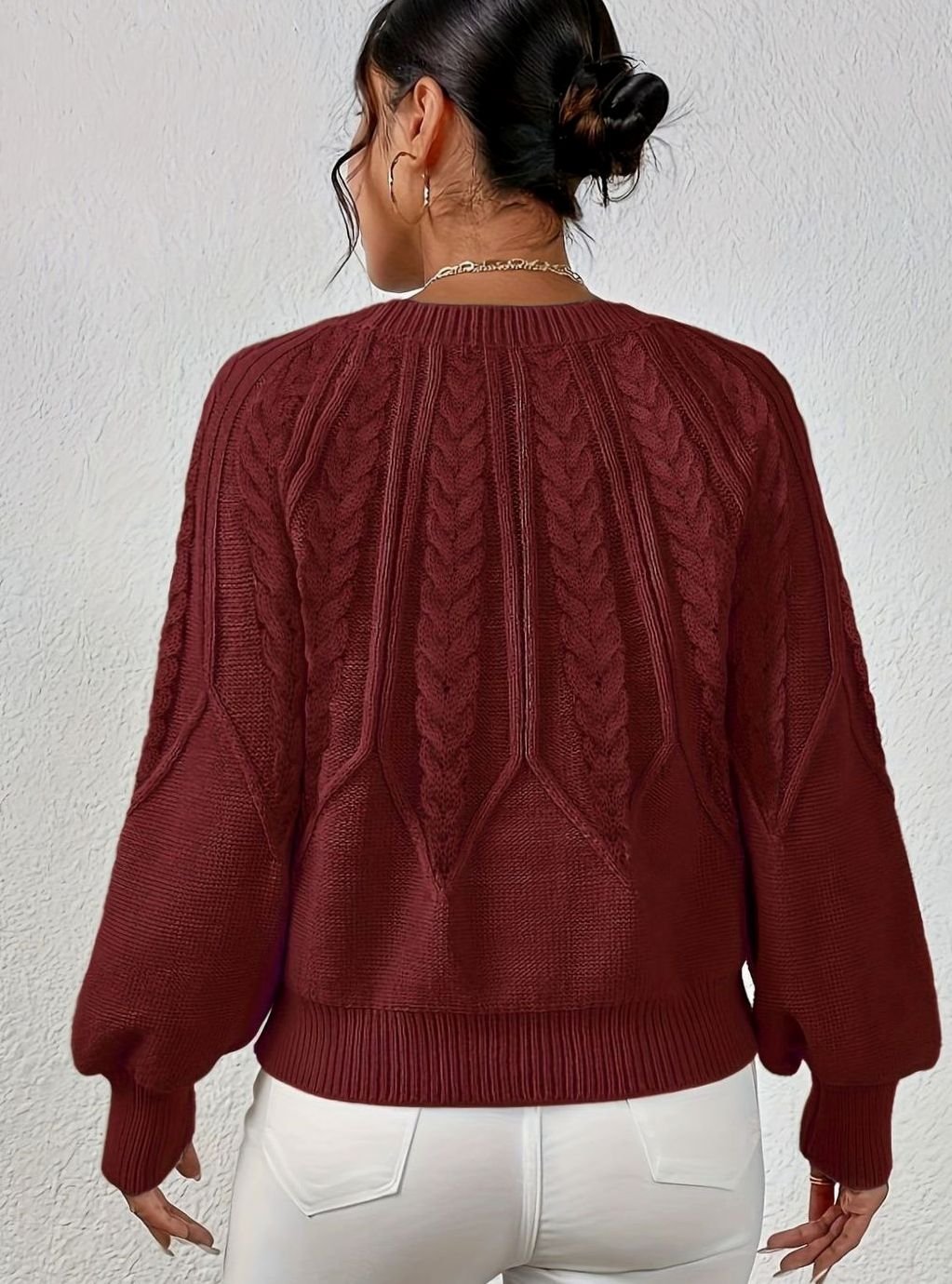 Women's Relaxed Cable-Knit Lantern Sleeve Sweater