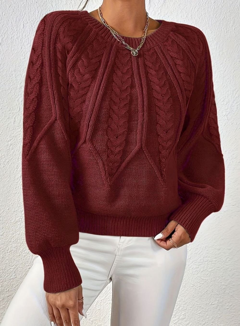 Women's Relaxed Cable-Knit Lantern Sleeve Sweater